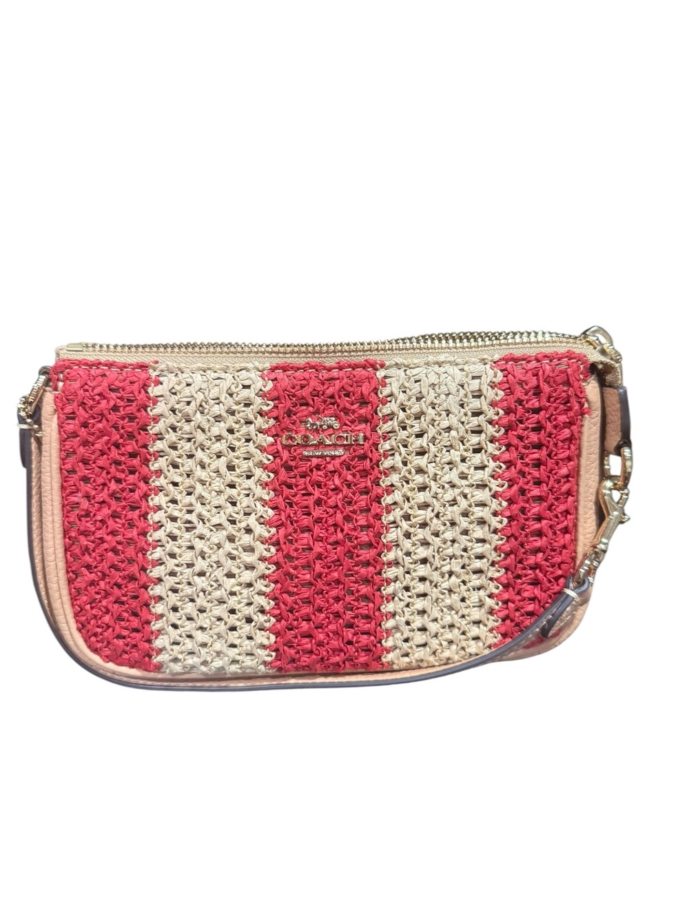 Coach Nolita 19 Woven Straw Stripe Wristlet purse Coral Cream 2022